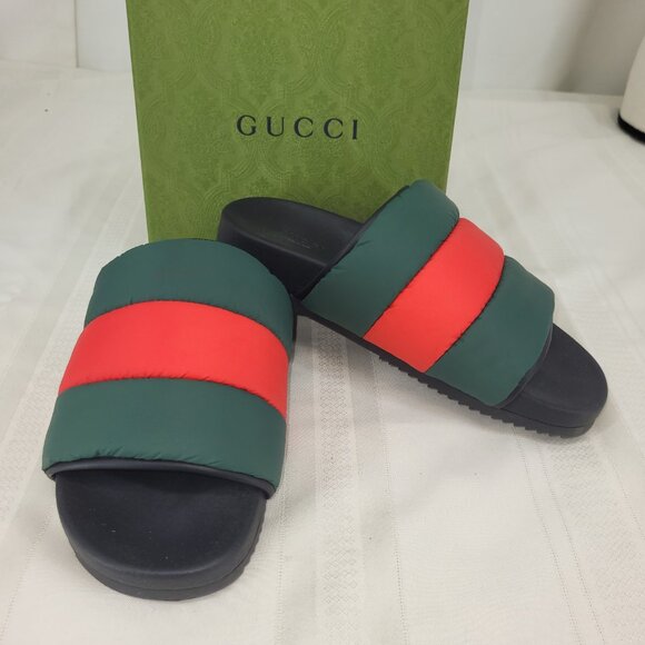 GUCCI PUFFER NYLON WEB SLIDES SANDALS - GREEN/RED -WOMEN’S SZ 38 US 8 - Picture 3 of 10